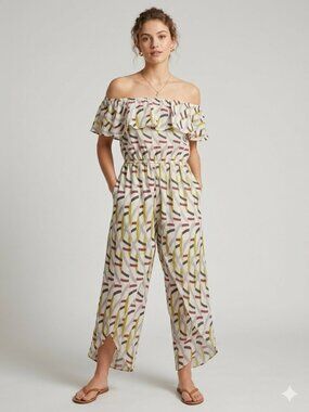 Diane von Furstenberg (DVF) Abstract Ruffle Linen Wide Leg Jumpsuit - SIZE L